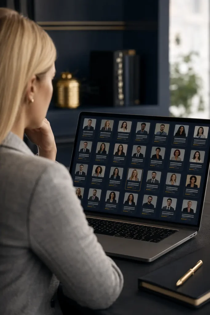 Expert reviewing her profile among competing listings in a third-party professional directory.